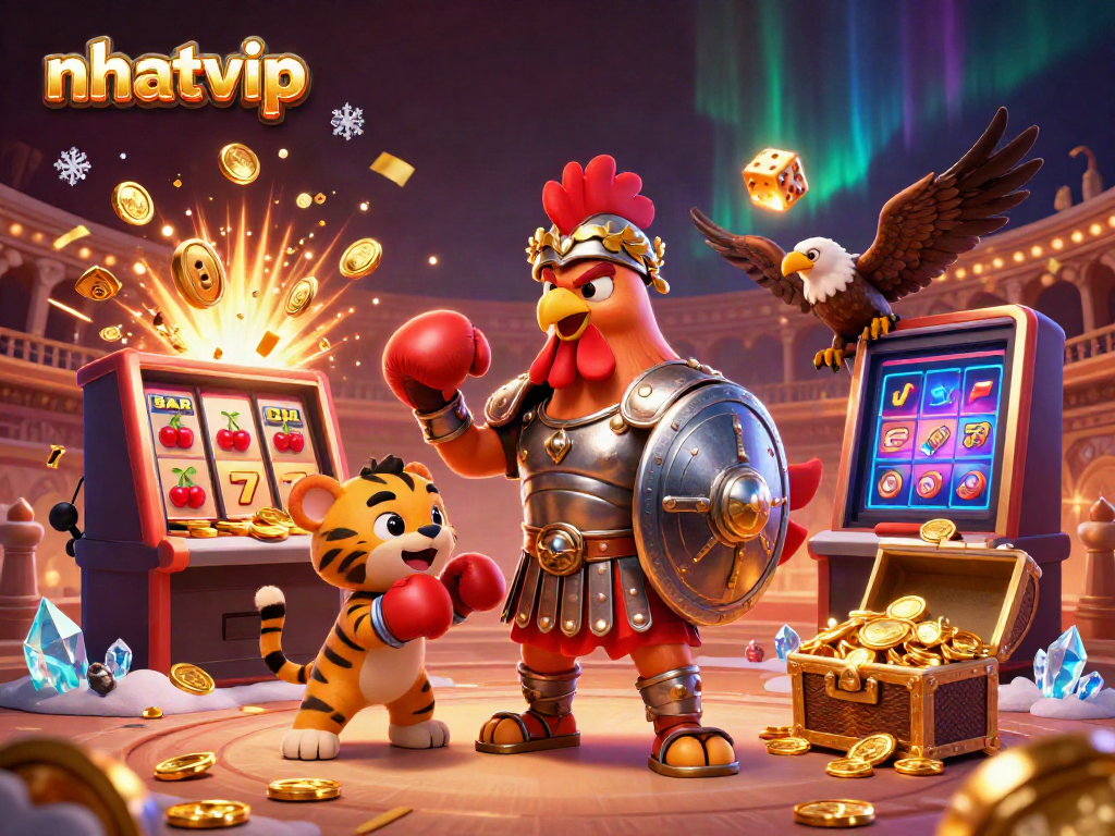Nhatvip invites players to experience a vibrant casino scene with dynamic characters and winning symbols.