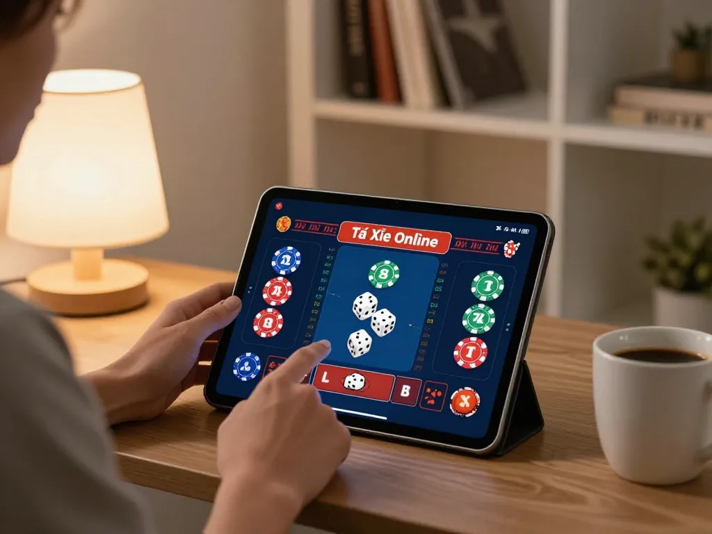 Tài Xỉu Online gameplay experience on tablet in a cozy home setting with engaging betting interface.
