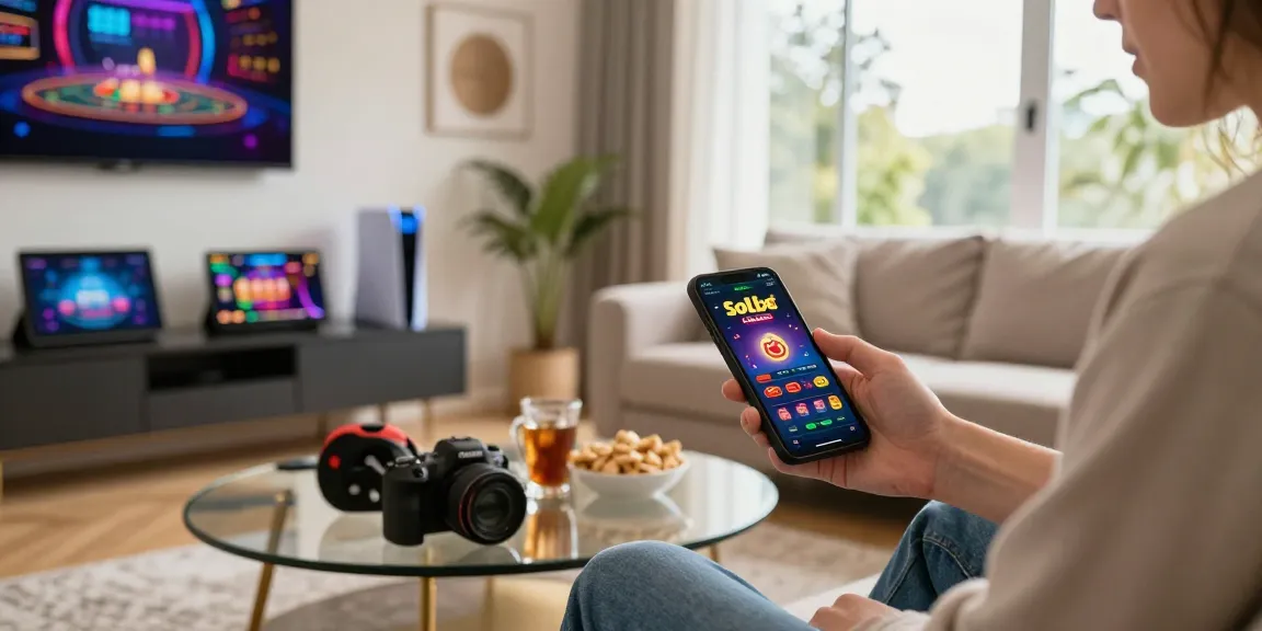 Engaging user enjoying the Solbet app online in a cozy living room setting, showcasing a vibrant gaming atmosphere.