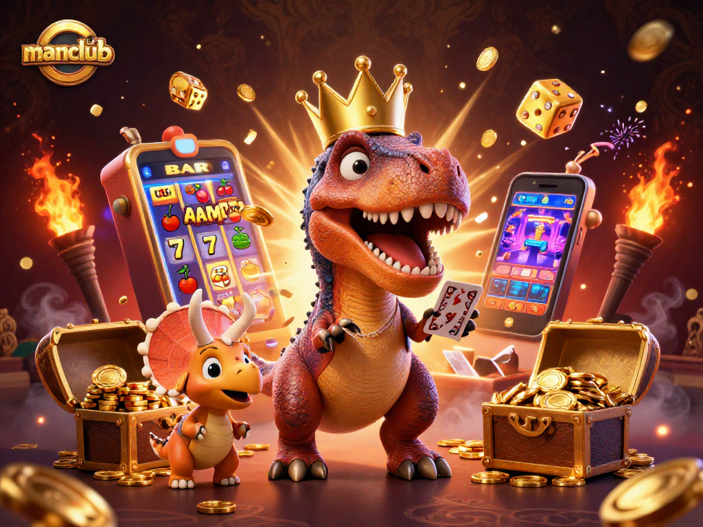 Experience fun at manclub with T-Rex shuffling cards and golden chips stacking in a vibrant casino scene.