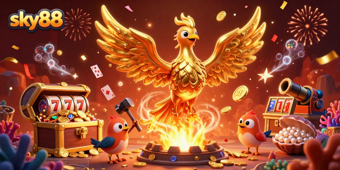 Engage in thrilling gameplay at sky88 with slot reels, gold coins, and molten phoenix magic.