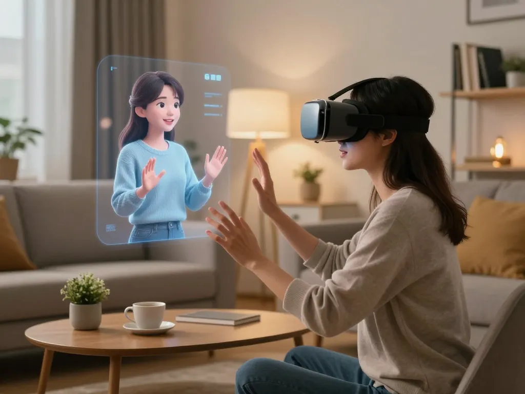 Engaging virtual reality scene showcasing an interactive ai gf experience within a cozy home setting.