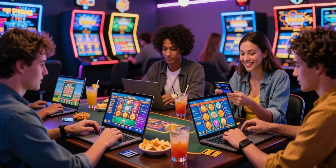 Gruppe von Freunden, die Spiele in einem Paysafe Card Casino genießen, hebt sichere Online-Transaktionen in lebhafter Atmosphäre hervor.