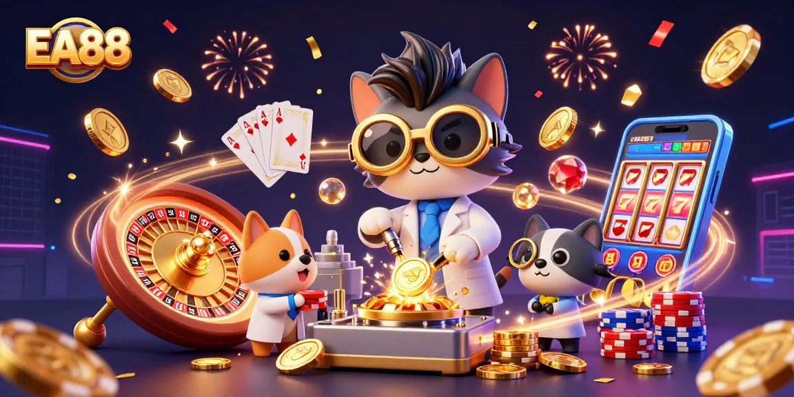 Spin into the action with EA88's 3D casino scene filled with golden coins and vibrant elements.