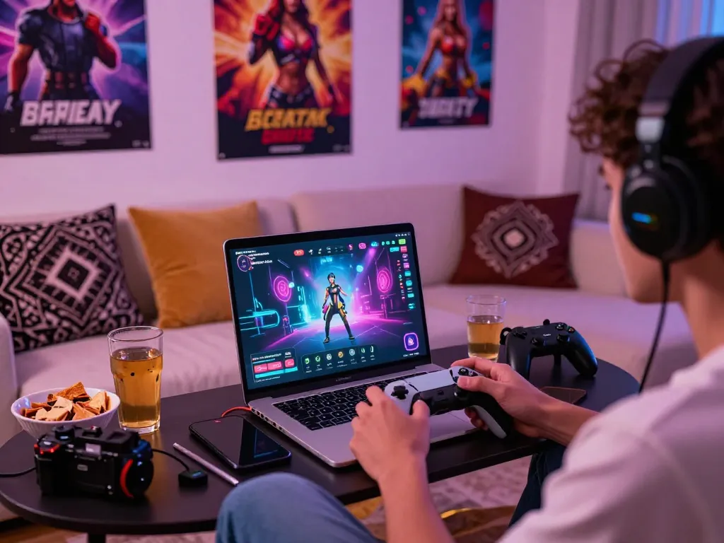 Engaging scene of a person playing game sex on a laptop in cozy bedroom.