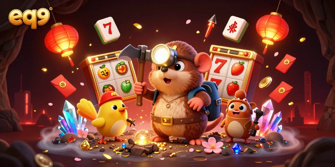 Engage in thrilling gameplay at eq9, featuring a treasure hunter mole amidst vibrant slot machines and golden treasures.