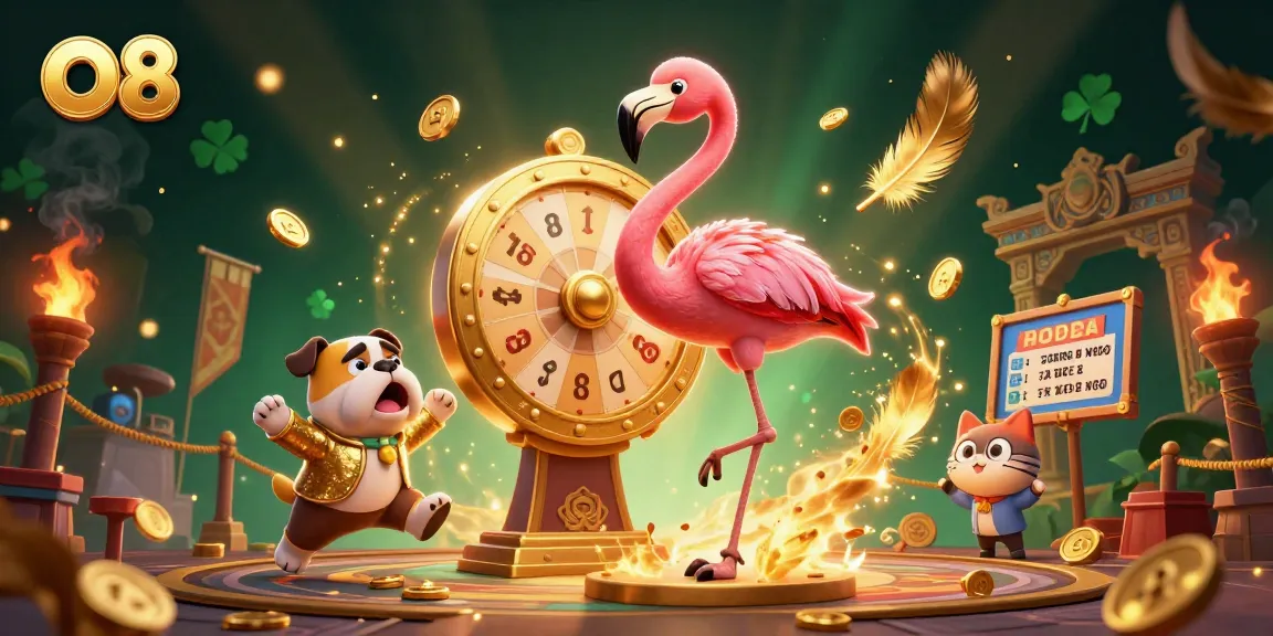 O8 casino adventure with flamingo host, bulldog contestant, and scoreboard cat revealing prizes