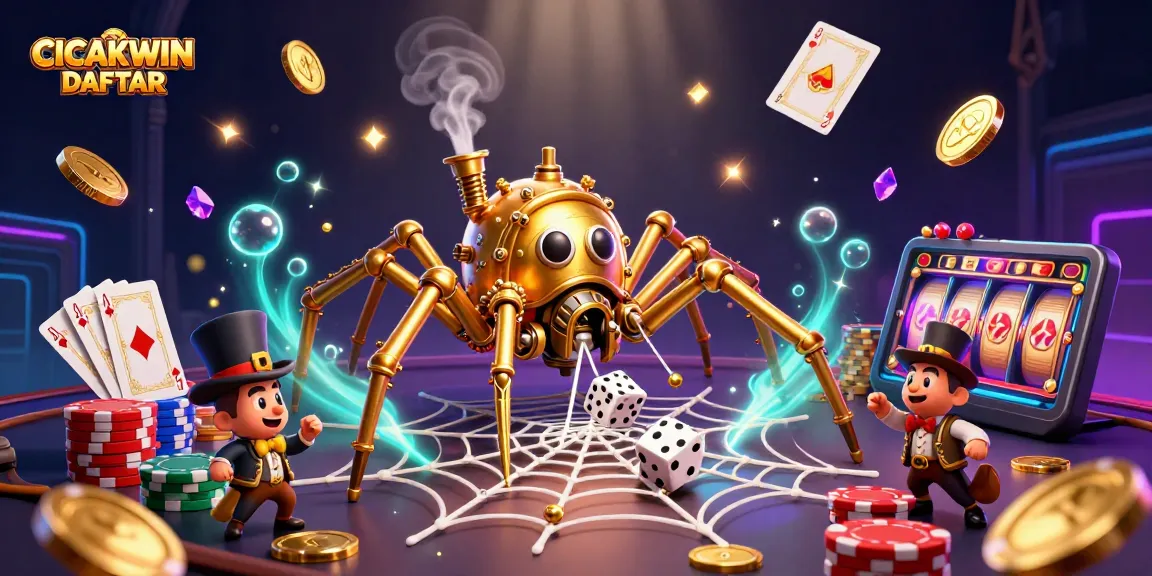 Experience the excitement of CICAKWIN DAFTAR with a dynamic 3D illustration of a golden spider and casino elements.