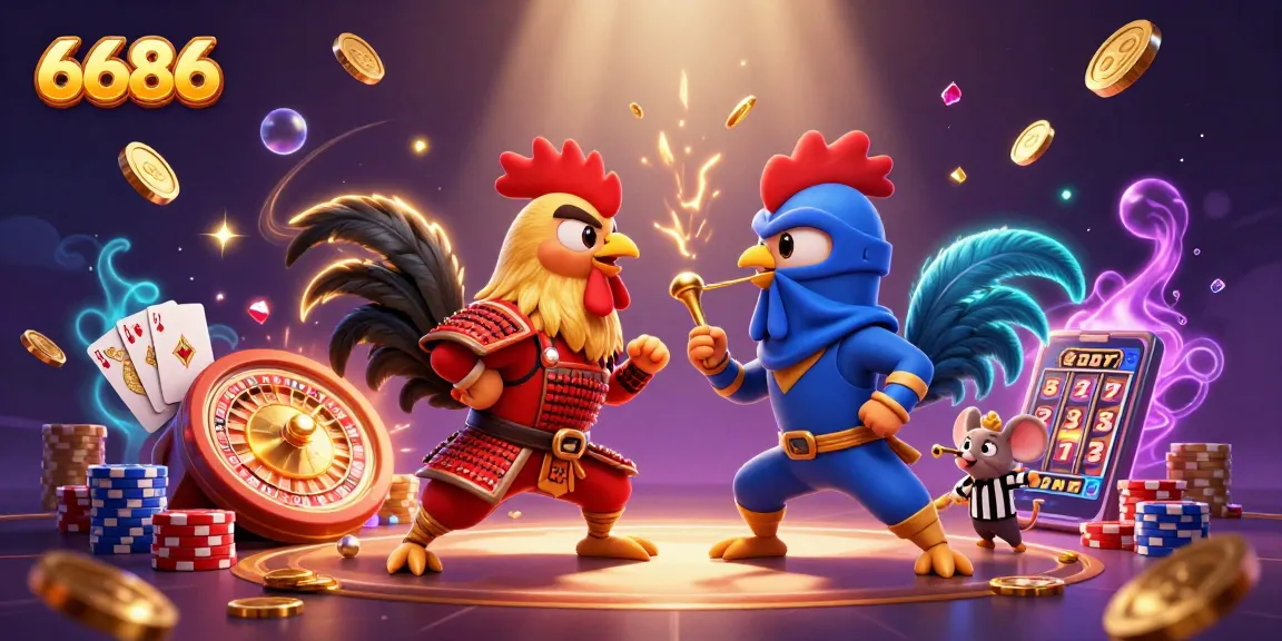 Engage with 6686's thrilling animated standoff of samurai and ninja roosters amid dynamic casino elements.