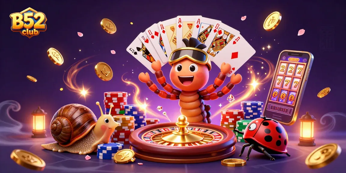 Experience thrilling gameplay at B52club with a lively millipede dealer, high-roller snail, and vibrant casino elements.