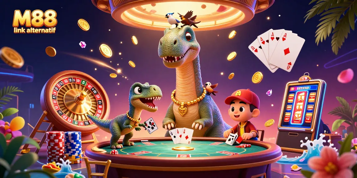 Experience thrilling gaming with M88 link alternatif as a giant dinosaur oversees a poker table.