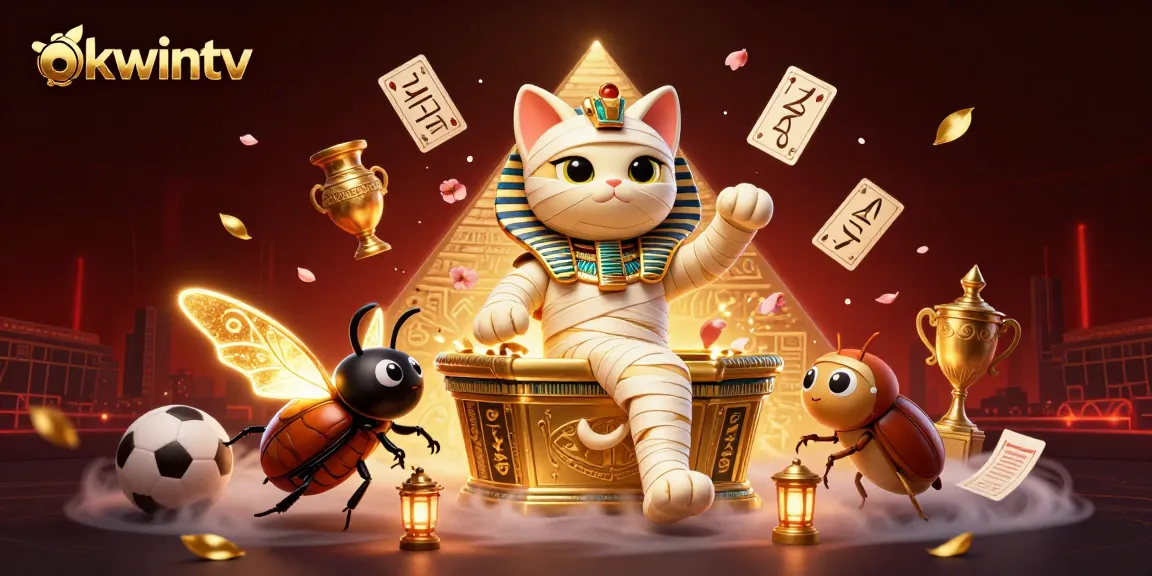 Bet live on okwintv with a dynamic illustrated scene of a mummy cat and a scarab in a casino
