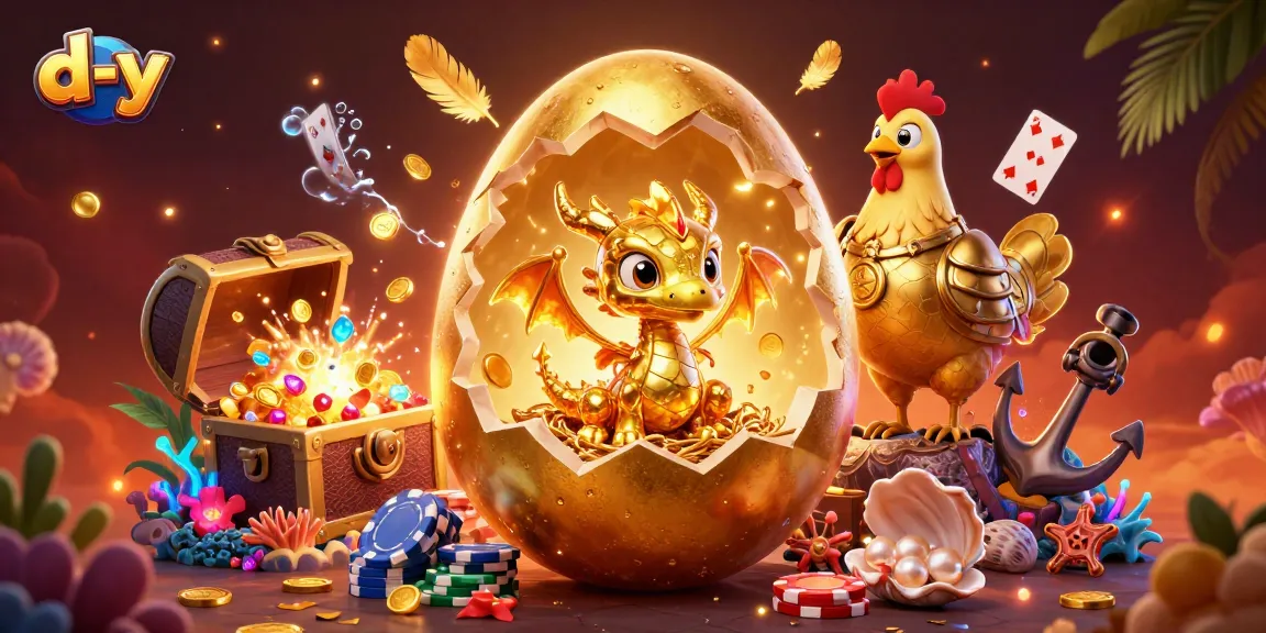 Experience the rich gaming world of d-y with golden treasures and vibrant characters in this 3D illustration.