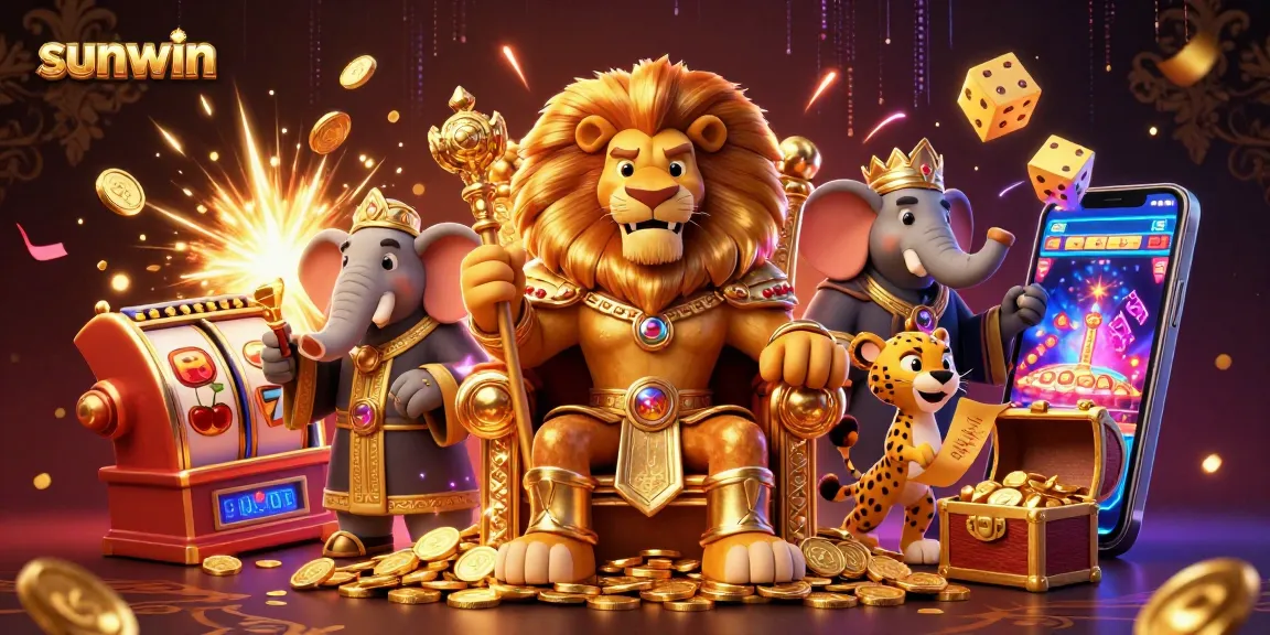Play thrilling casino games at Sunwin with a vibrant scene of gaming excitement and jackpot wins.